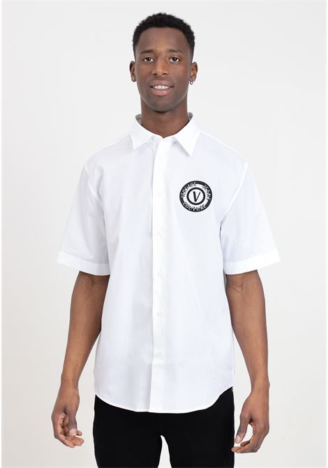 White shirt for men with V-emblem logo in black VERSACE JEANS COUTURE | 76GALY11CN002003